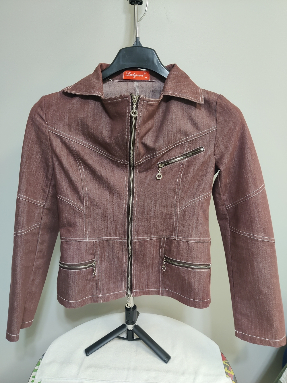 Y2K Brown Denim-Style Women's Jacket with Zip Pockets